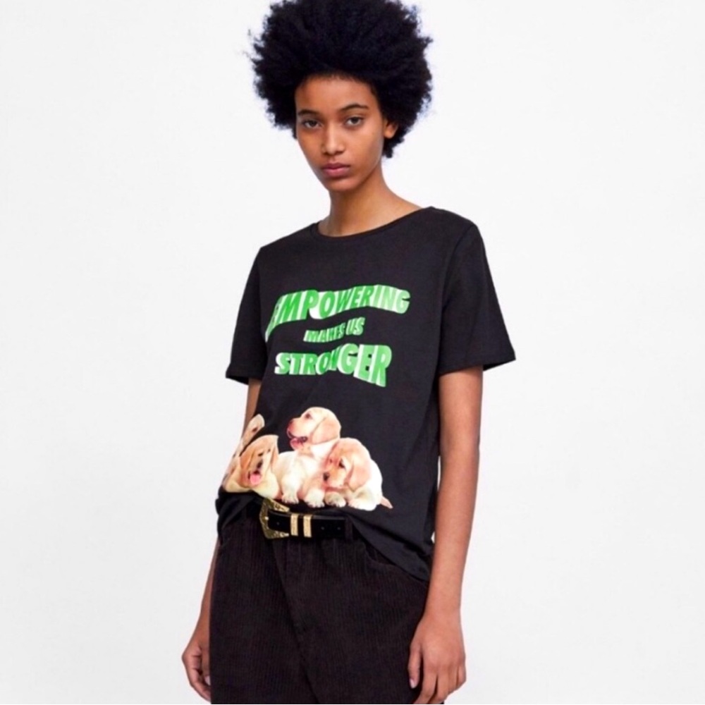Zara Black T-Shirt Short Sleeves Empowering Makes Us Stronger 1Cotton Tee M NWT